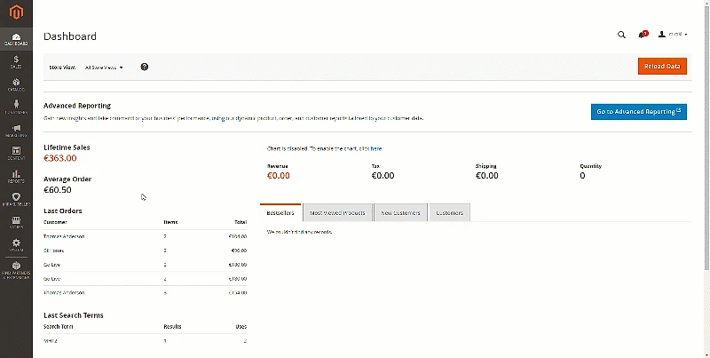 Animated screen recording of the Magento Commerce admin dashboard, showing the Mirakl Connector integration with sales and order data