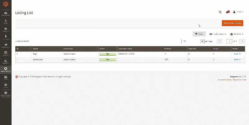 Screenshot of the Mirakl Magento connector's Listing List screen, showing two active marketplace connections — 'Bags' connected to Wish-n-Wants with 11 products, and 'Marketplace' connected to Wish-n-Wants with 547 products — and an 'Add New Listing' button.