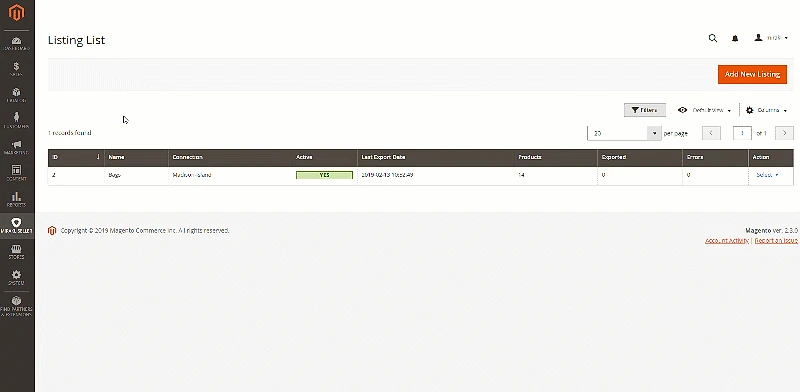 Animated demonstration of the Mirakl Magento connector for sellers, showing product listing creation and export to marketplace within the Magento Commerce admin interface.