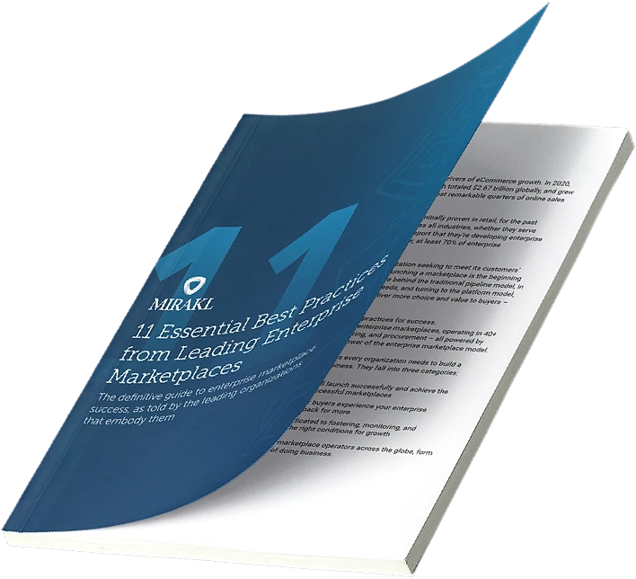 Cover of the Mirakl ebook "11 Essential Best Practices from Leading Enterprise Marketplaces", shown as a curved booklet with a dark blue cover featuring the Mirakl logo and subtitle "The definitive guide to enterprise marketplace success, as told by the leading companies that embody them."