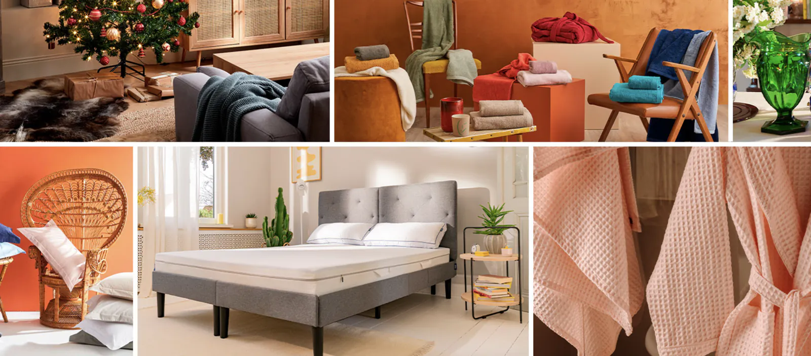 A collage of Maisons du Monde home and decor products: a decorated Christmas tree beside rattan and wood furniture, stacks of towels and throws in warm autumnal tones, a green glass vase, a peacock rattan chair with bedding, a bed dressed with a grey upholstered headboard and mattress, and pink waffle-weave bathrobes.