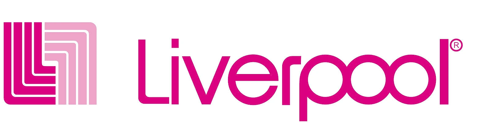 Liverpool department store logo in magenta pink, featuring a geometric square-spiral icon alongside the wordmark 'Liverpool'