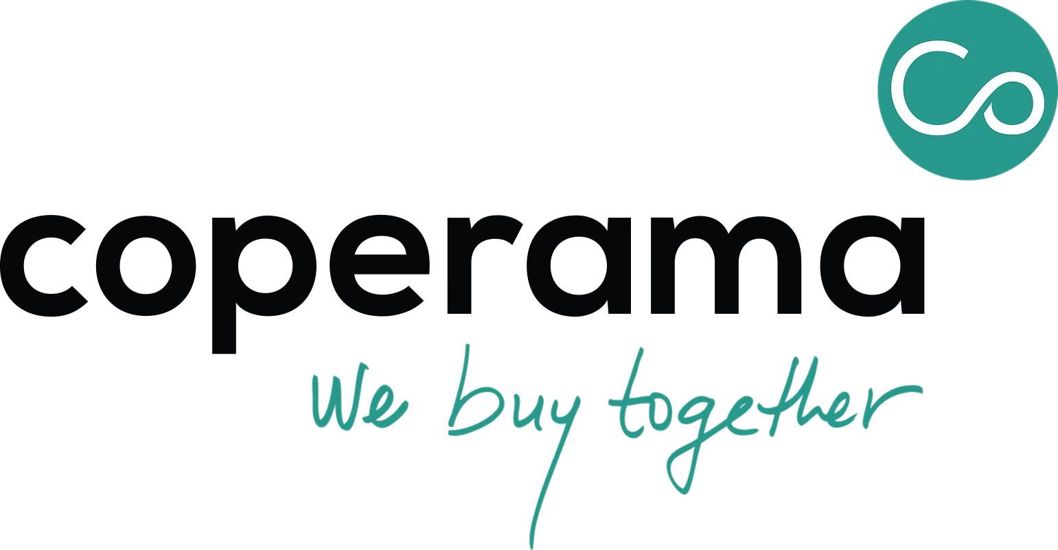Coperama logo with the tagline 'We buy together', featuring the brand name in black lowercase type and a teal infinity-loop symbol