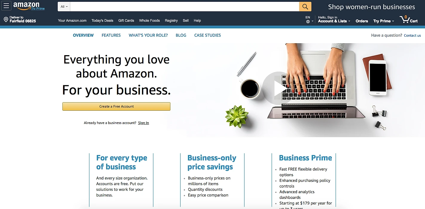 Screenshot of the Amazon Business homepage with the headline 'Everything you love about Amazon. For your business.' alongside navigation tabs for Overview, Features, and Case Studies, and a promotional section highlighting Business-only price savings and Business Prime