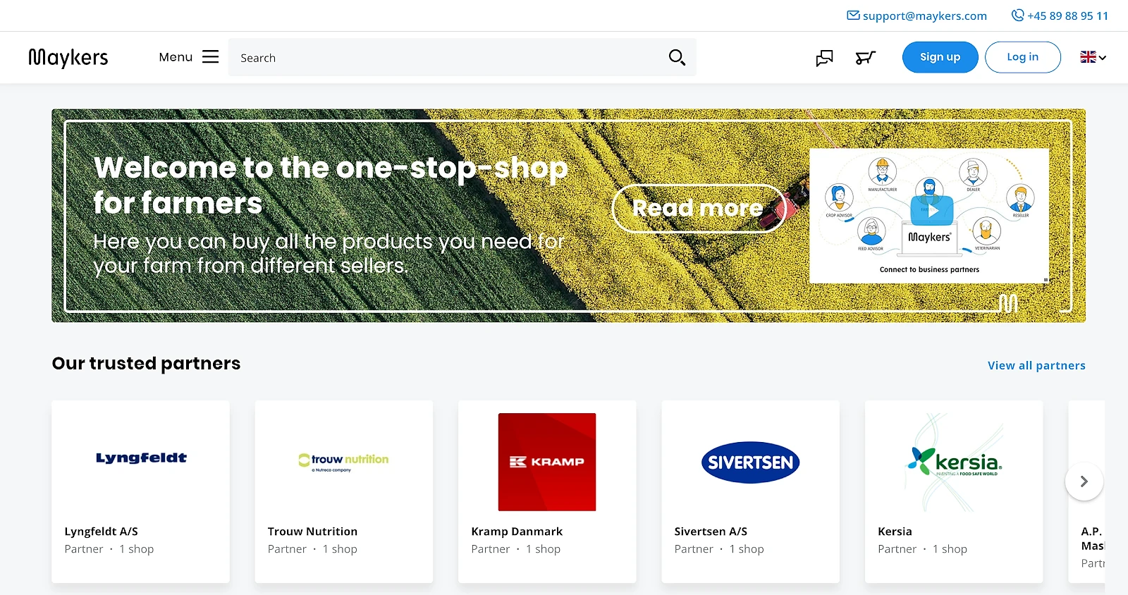 Maykers marketplace homepage with hero banner reading 'Welcome to the one-stop-shop for farmers – Here you can buy all the products you need for your farm from different sellers.' Trusted partners section shows logos for Lyngfeldt, Trouw Nutrition, Kramp Danmark, Sivertsen, and Kersia