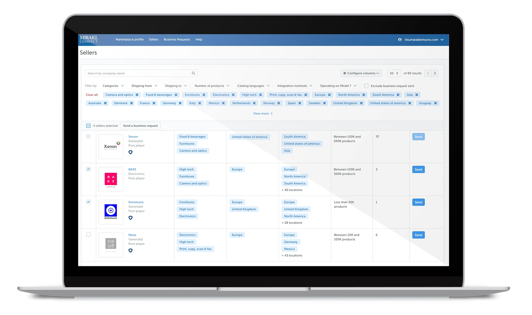 Laptop mockup displaying the Mirakl Connect Sellers search interface, showing a filterable list of sellers (Xenon, BAKS, Kommune, Neue) with their categories, shipping regions, number of products, and Send buttons for marketplace operators to initiate business requests.