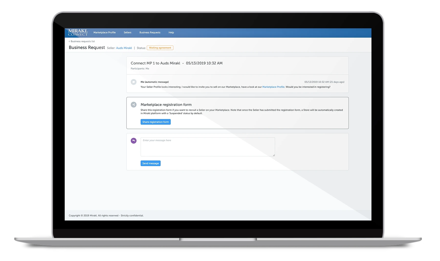 Laptop screen displaying the Mirakl Connect platform's Business Request interface, showing a marketplace operator sending a seller recruitment invitation message and a registration form share option, with status 'Waiting agreement'.