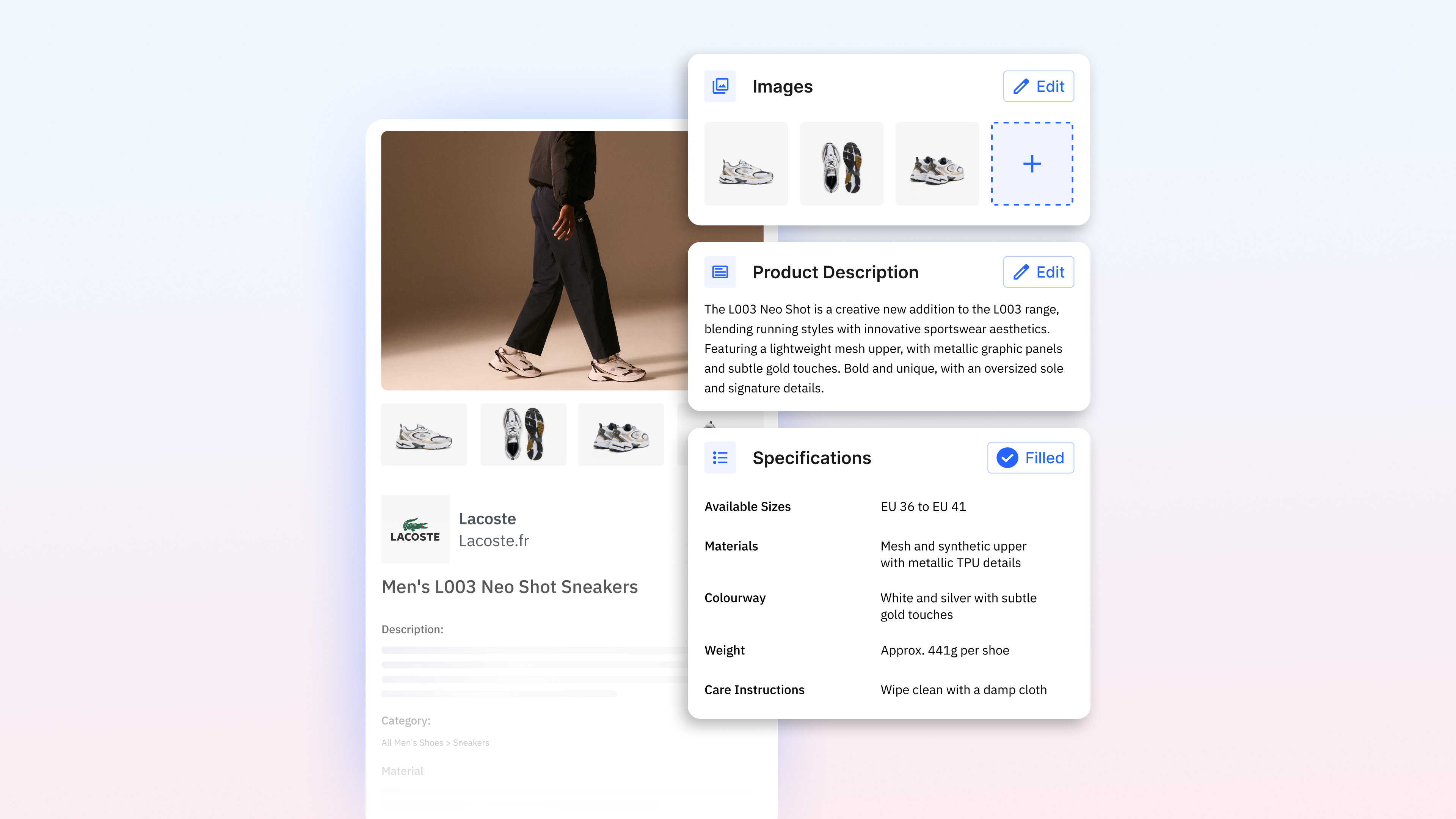 Product management interface displaying Lacoste Men's L003 Neo Shot Sneakers with product details and specifications