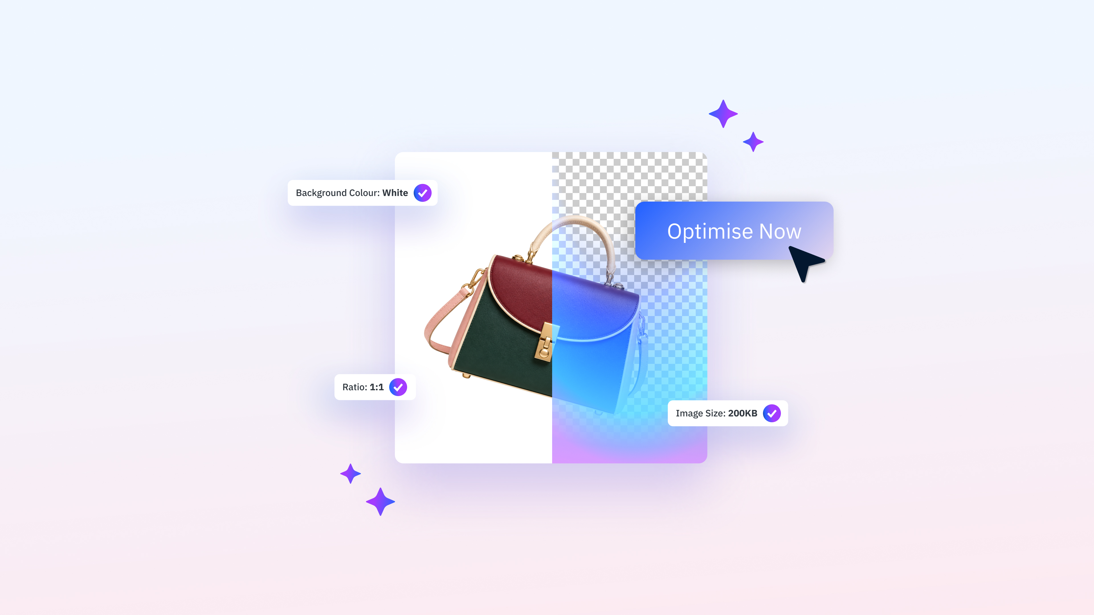 Modern UI mockup displaying a luxury handbag with overlapping panels and design interface elements