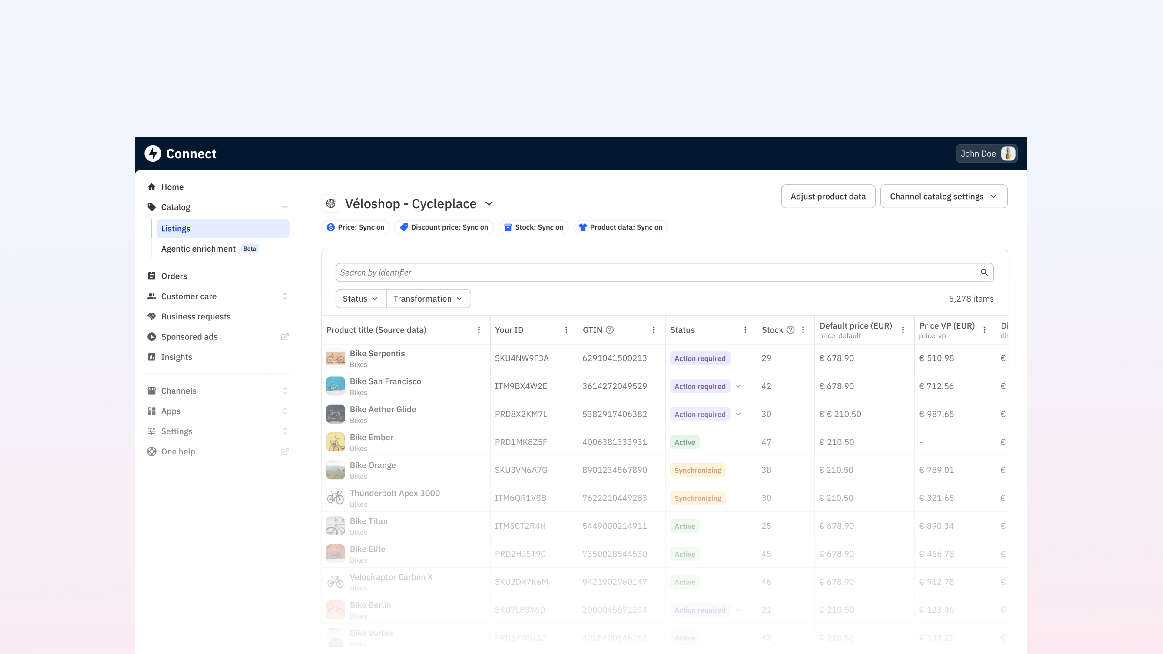 Product management dashboard for Véloshop - Cycleplace displaying a table of bicycle inventory with columns for product title, ID, GTIN, status, stock, and pricing