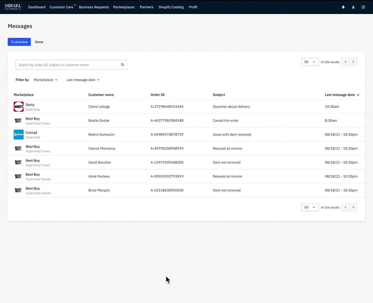 Mirakl Connect Customer Care Messages dashboard showing a list of 156 customer messages across marketplaces including Darty, Best Buy, and Conrad, with columns for customer name, order ID, subject, and last message date