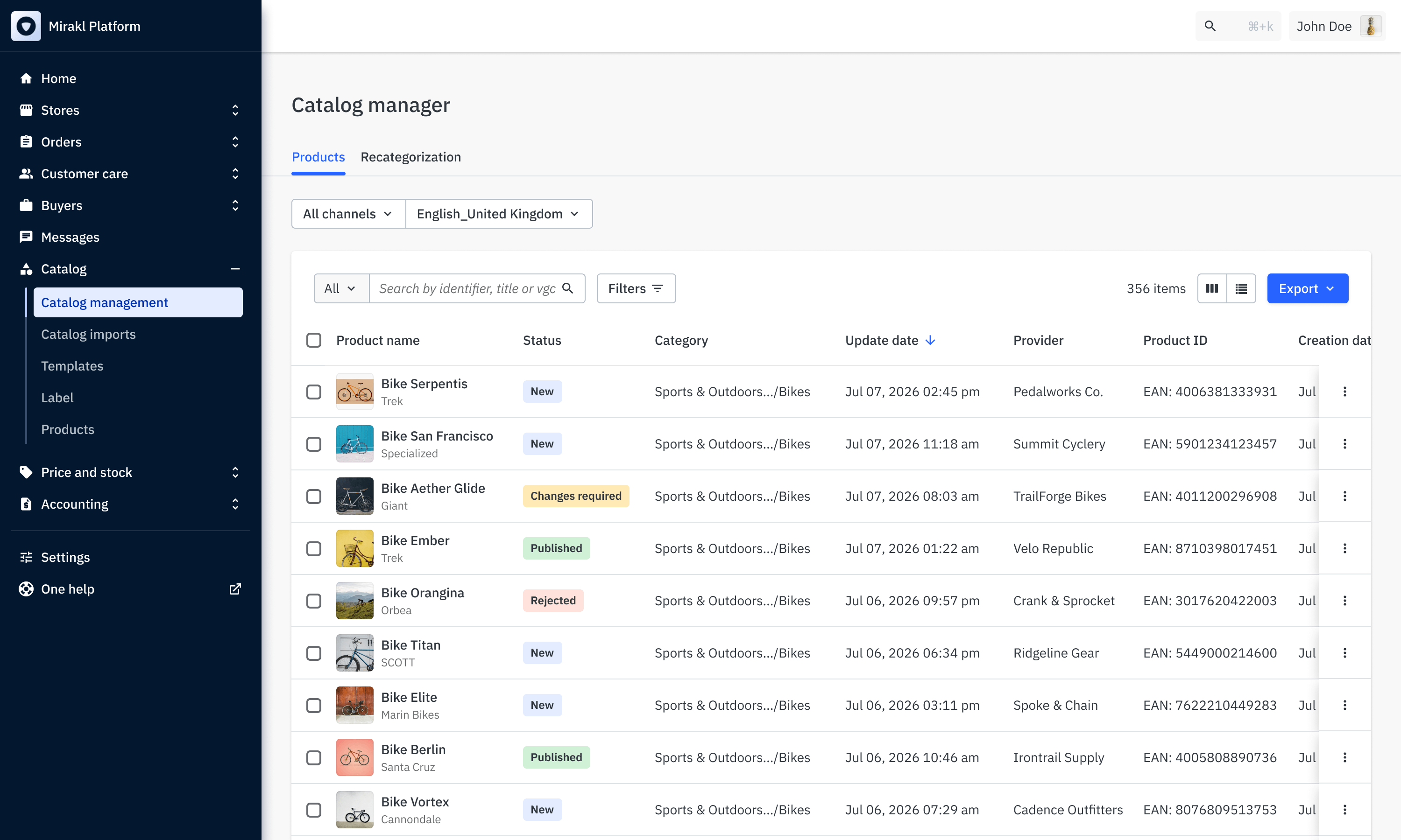 Mirakl Catalog Platform dashboard