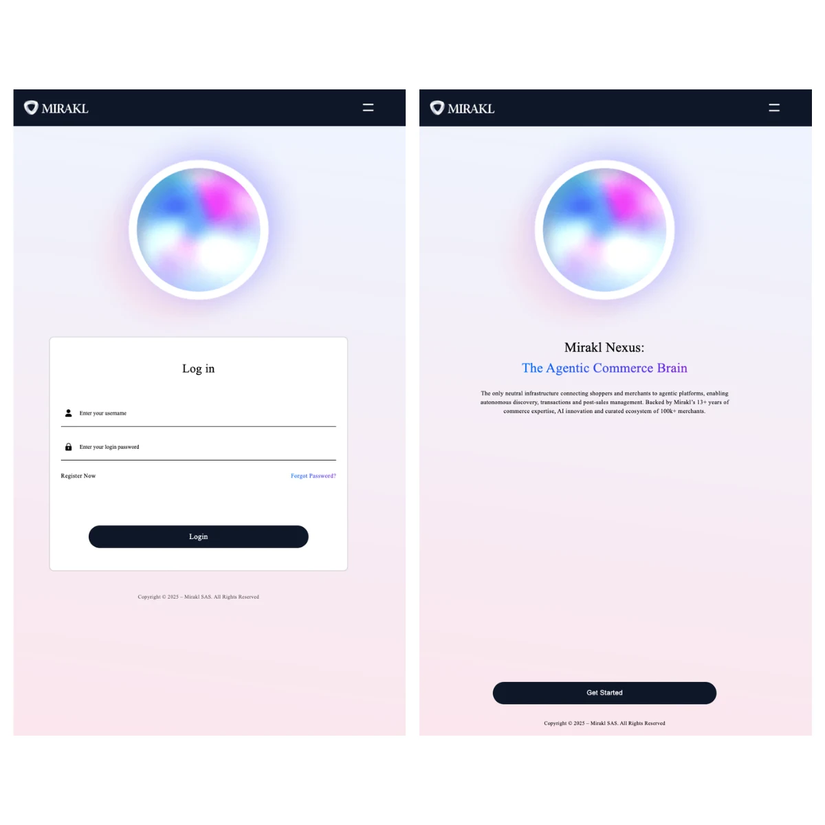 Two mobile app screens side by side: on the left, a generic login page bearing the Mirakl logo; on the right, the Mirakl Nexus onboarding screen with the headline "The Agentic Commerce Brain" and a description of its neutral infrastructure connecting shoppers and merchants across agentic platforms.