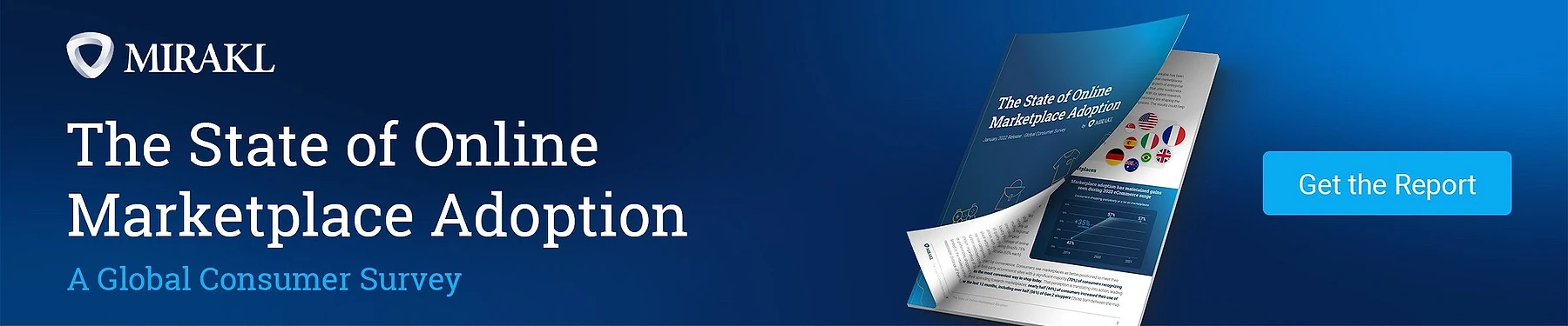 Mirakl-branded banner promoting 'The State of Online Marketplace Adoption: A Global Consumer Survey' report, with a rendered cover image and a 'Get the Report' call-to-action button