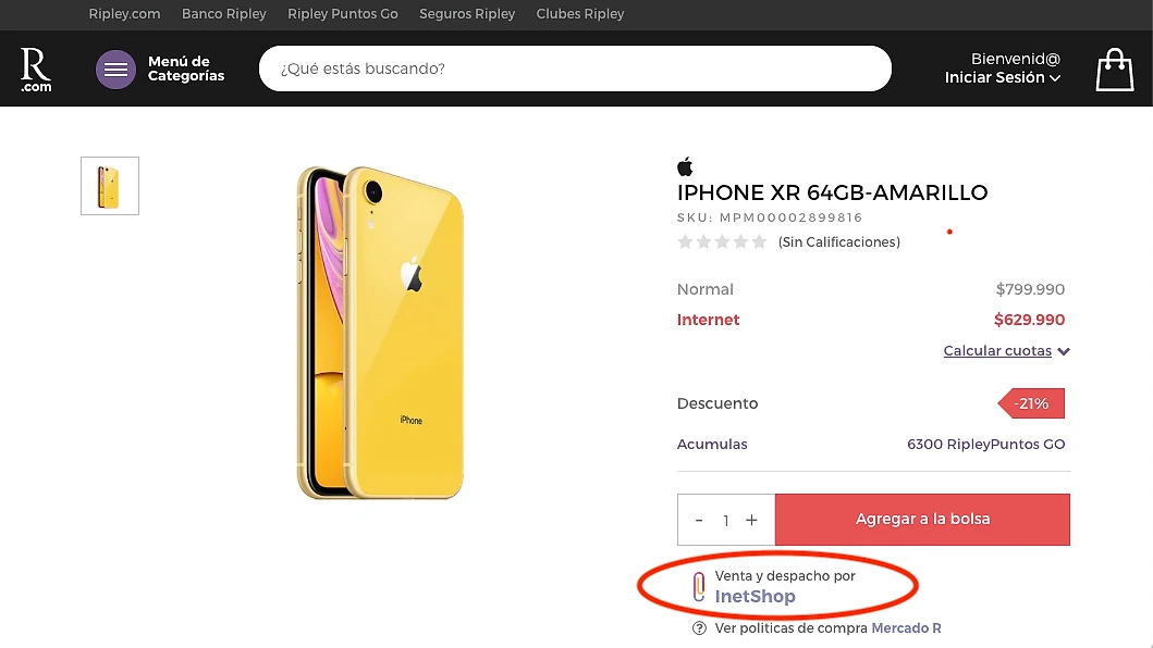 Screenshot of Ripley.com product page for an iPhone XR 64GB in yellow, showing a normal price of $799,990 and discounted internet price of $629,990 (21% off), with a circled third-party seller label 'Venta y despacho por InetShop' demonstrating the marketplace seller model.