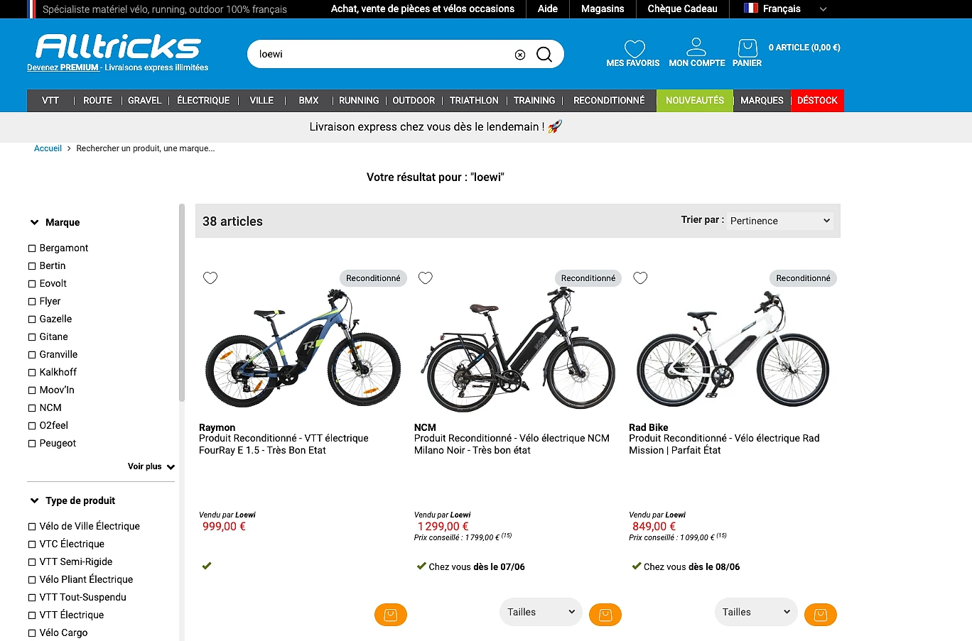 Screenshot of the Alltricks marketplace search results page showing 38 electric mountain bikes, with product listings for brands including Moustache, Trek, and NCM, with prices ranging from around €640 to over €7,000, and filters for brand, product type, and bike category in the left sidebar.