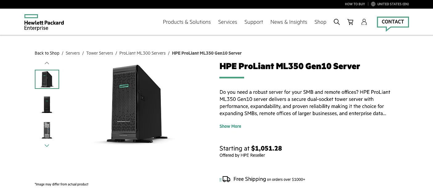 HPE.com product listing page for the HPE ProLiant ML350 Gen10 Server, priced starting at $1,051.28, with product description highlighting performance and expandability for SMBs. Offered by HPE Reseller with free shipping on orders over $1,000