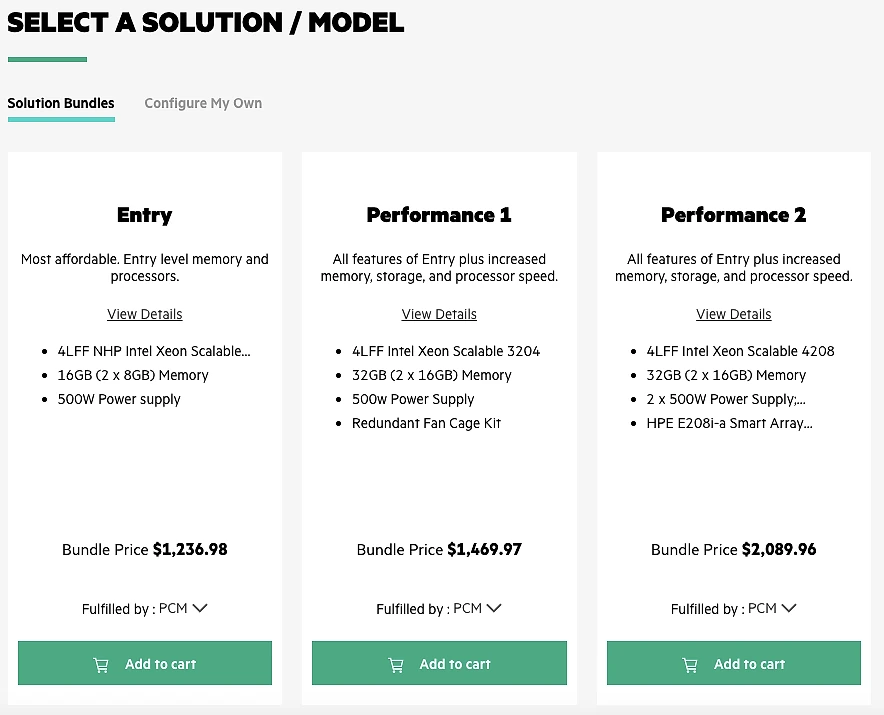 HPE marketplace 'Select a Solution / Model' screen showing three pre-configured server bundles: Entry ($1,236.98, Intel Xeon Scalable, 16GB RAM, 500W PSU); Performance 1 ($1,469.97, Intel Xeon Scalable 3204, 32GB RAM, redundant fan cage); Performance 2 ($2,089.96, Intel Xeon Scalable 4208, 32GB RAM, dual 500W PSUs, HPE Smart Array). All are fulfilled by PCM with Add to Cart buttons.