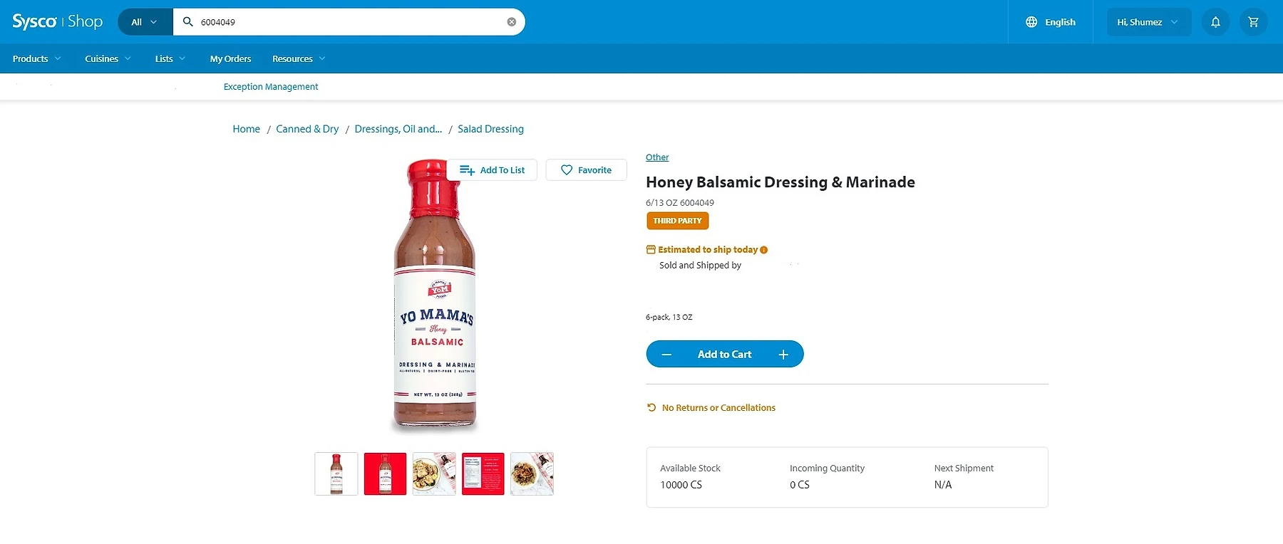 Sysco Shop product detail page showing a third-party listing for 'Yo Mama's Honey Balsamic Dressing & Marinade' (6/13 oz, item 6004049) with an Add to Cart button, estimated same-day shipping, 10,000 CS available stock, and a 'THIRD PARTY' badge indicating it is a marketplace seller product