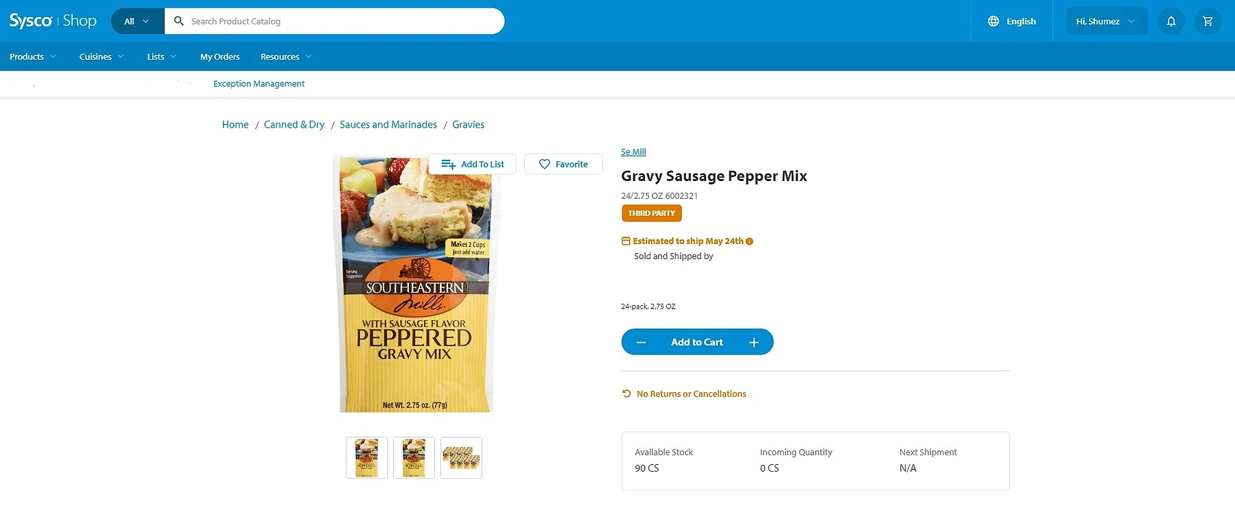 Sysco Shop product detail page for Southeastern Mills Gravy Sausage Pepper Mix (24-pack, 2.75 oz), showing a third-party seller badge, estimated ship date, price, Add to Cart button, and stock availability of 90 CS