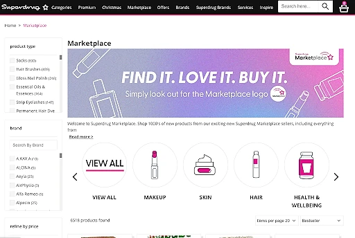 Superdrug website Marketplace landing page showing a hero banner with the tagline 'Find it. Love it. Buy it. Simply look out for the Marketplace logo,' category navigation tiles for Makeup, Skin, Hair, and Health & Wellbeing, a left-side filter panel for product type and brand, and 6,518 products listed