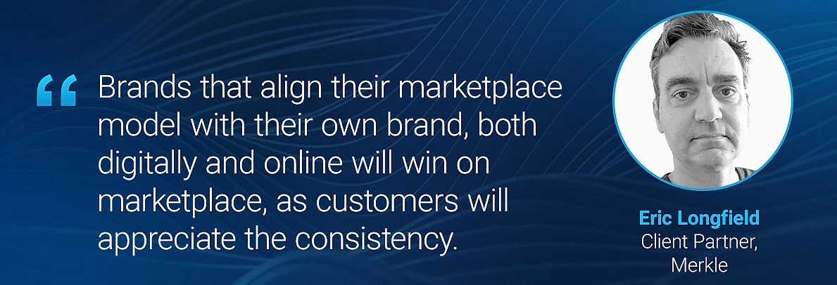Quote card featuring Eric Longfield, Client Partner at Merkle, stating: 'Brands that align their marketplace model with their own brand, both digitally and online will win on marketplace, as customers will appreciate the consistency.' Accompanied by his black-and-white portrait.