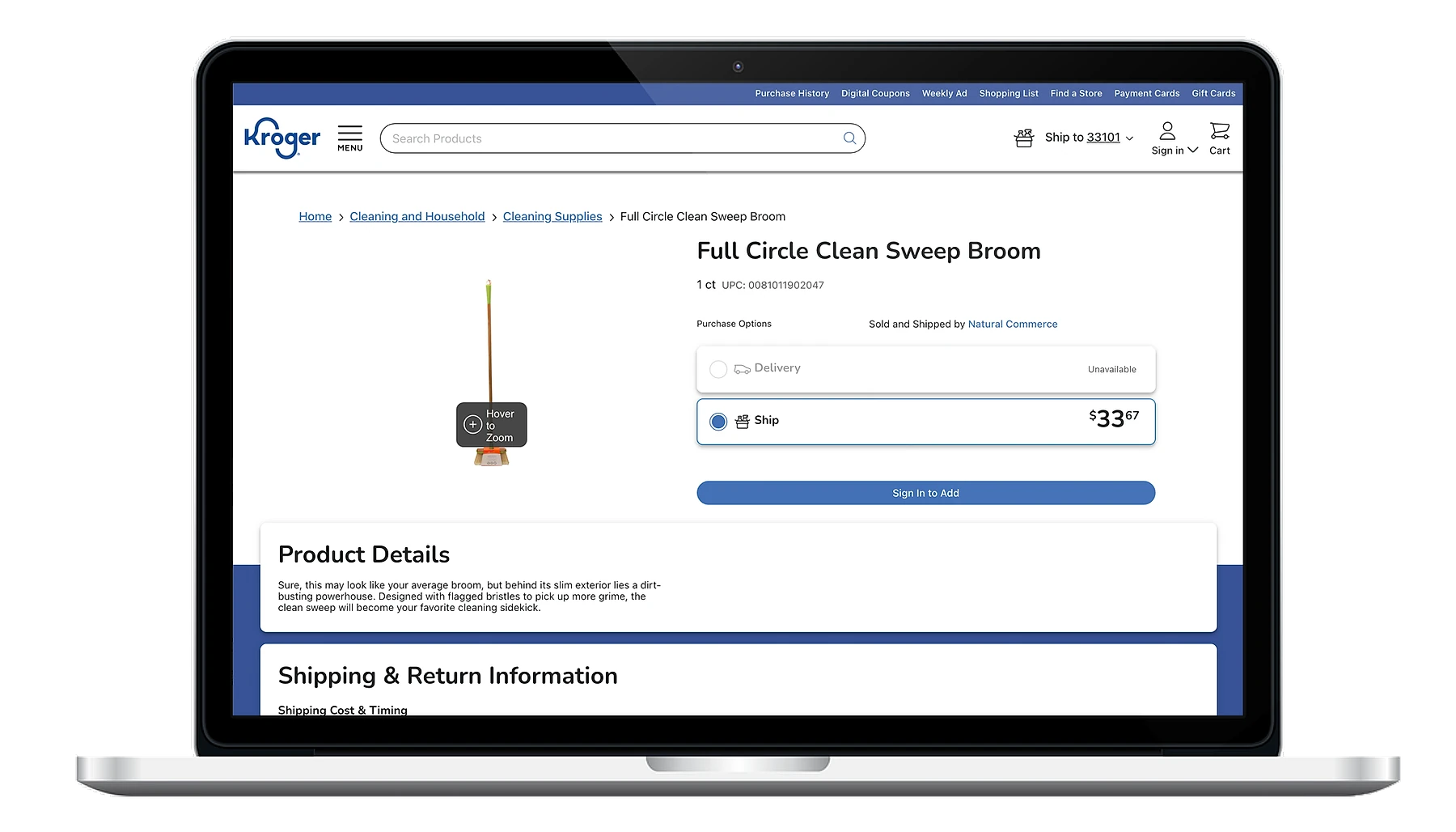 Kroger.com product detail page for a Full Circle Clean Sweep Broom, displayed on a laptop, showing the item sold and shipped by a third-party seller Natural Commerce for $33.67 with ship option, illustrating a curated marketplace model