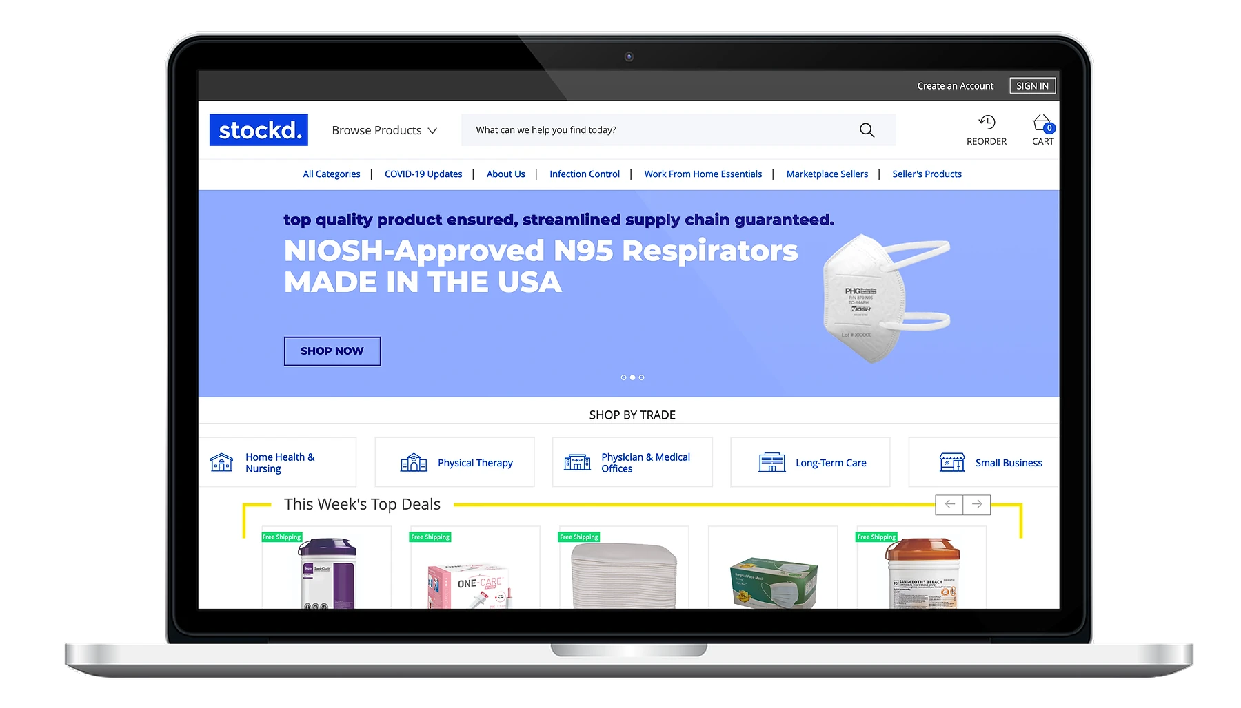 Laptop mockup showing the Stockd B2B marketplace homepage, featuring a banner promoting NIOSH-Approved N95 Respirators Made in the USA, Shop by Trade categories (Home Health & Nursing, Physical Therapy, Physician & Medical Office, Long Term Care, Small Business), and a This Week's Top Deals section.