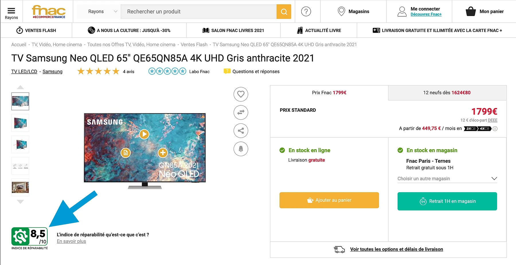 Screenshot of a Samsung 65-inch Neo QLED TV product page on Fnac.fr, priced at €1,799, with an arrow pointing to a repairability index badge (score 8.5/10), illustrating how marketplace product pages display sustainability information