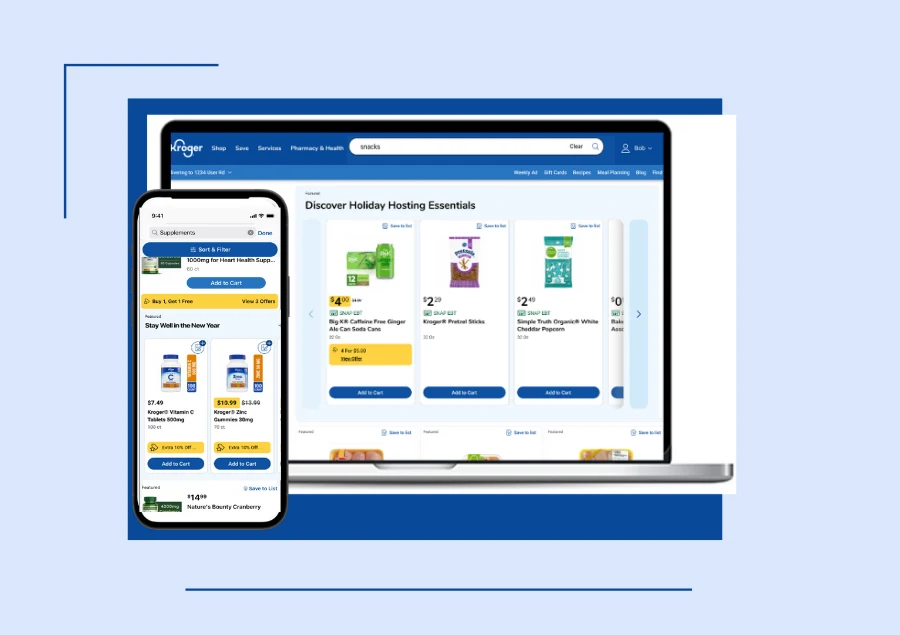 Composite image showing the Kroger website on a laptop ("Discover Holiday Hosting Essentials" with sponsored snack products) and the Kroger app on mobile (featured supplement ads with "Extra 10% Off" badges) — illustrating sponsored product placements across Kroger's retail media network.