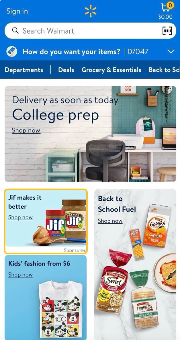 Screenshot of the Walmart mobile homepage showing a mix of organic content (College prep, Back to School Fuel) alongside a sponsored Jif peanut butter product tile labeled "Sponsored" — demonstrating on-site retail media placement within a retailer's own app.