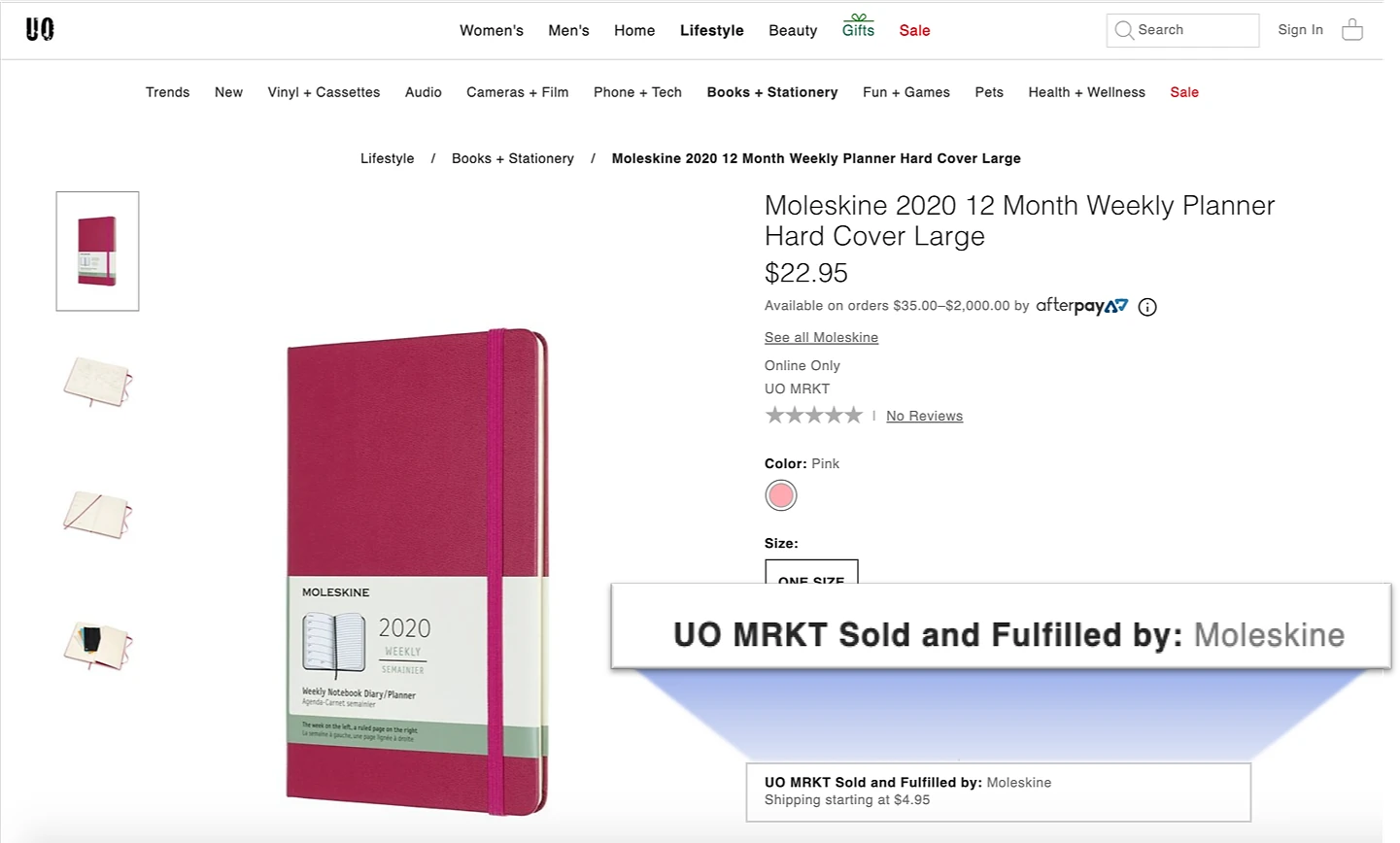 Screenshot of an Urban Outfitters product page for a Moleskine 2020 weekly planner (€22.95), showing a tooltip that reads 'UO MRKT Sold and Fulfilled by: Moleskine', indicating a curated marketplace seller model where the brand sells directly on the retailer's platform