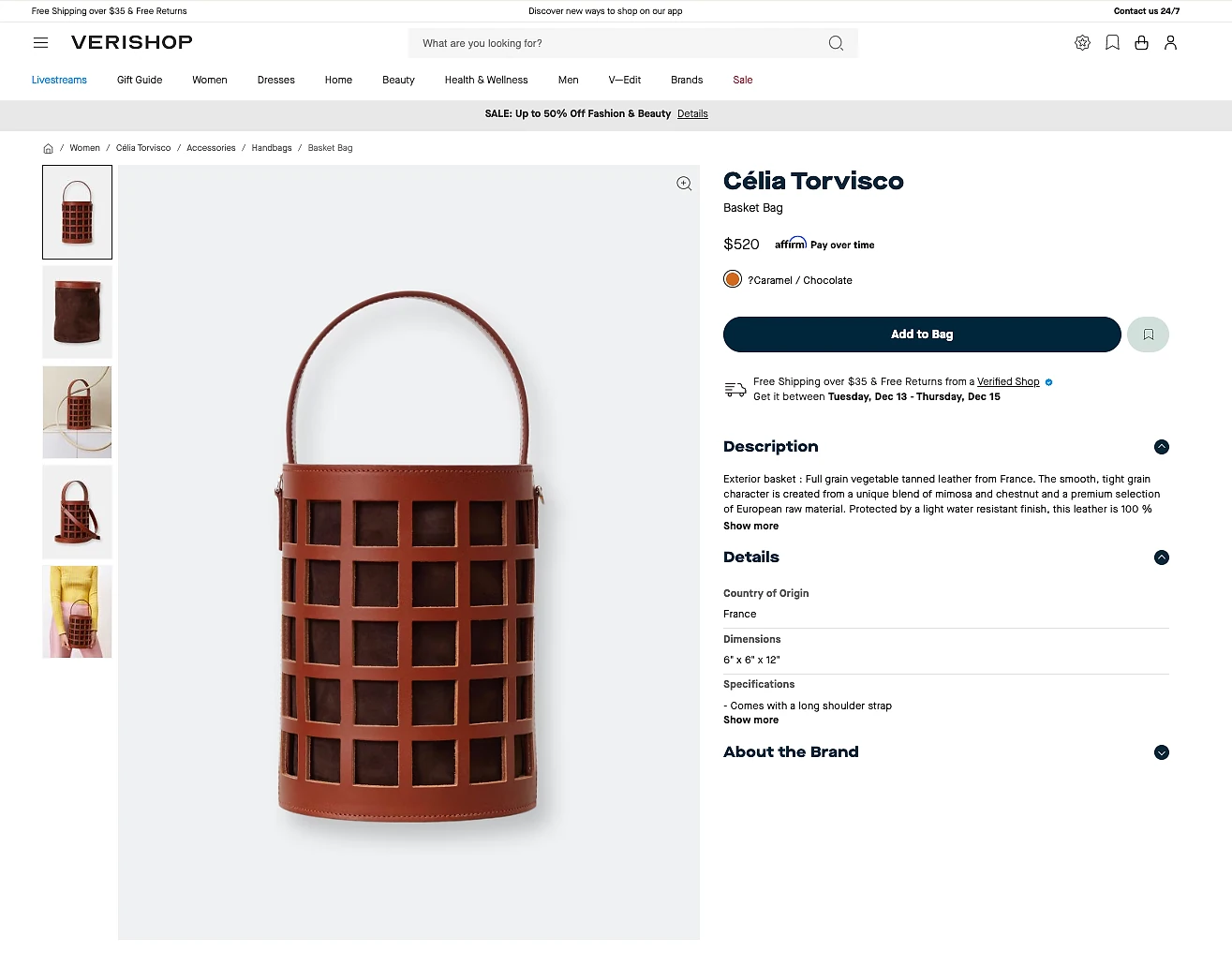 Verishop product detail page showing a brown leather basket bag by Célia Torvisco priced at $102, with multiple product thumbnail images on the left, an Add to Bag button, and product details including origin (France) and dimensions