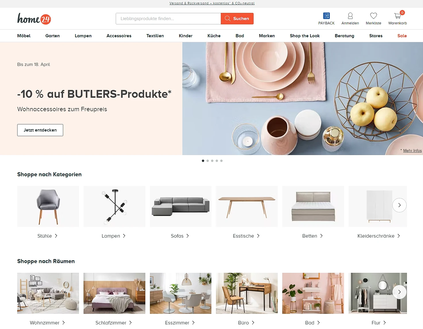 home24 German e-commerce homepage showing a promotional banner for 10% off Butlers home accessories, with category navigation tiles (Chairs, Lamps, Sofas, Tables, Beds, Wardrobes) and room-based browse sections below